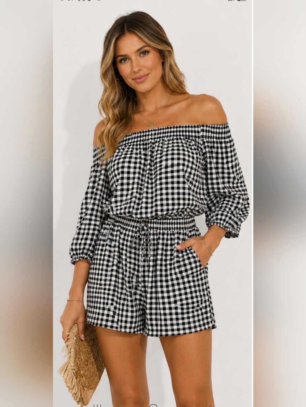 Veronica M Airflow Gingham Off Shoulder Romper Black White XS NWT